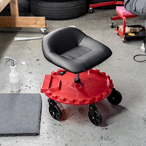 Traxion 2-230 Monster Rolling Padded Mechanic Stool Seat Garage Shop Roller Work Chair with Wheels and Tool Tray, Heavy-Duty 400-lb Capacity, All-Terrain 5" Casters, Black Red