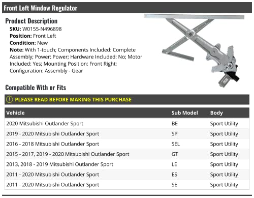 Marketplace Auto Parts Front Left Driver Side Power Window Regulator and Motor Assembly - with 1-Touch Automatic Option - Compatible with 2011-2020 Mitsubishi Outlander Sport Sport Utility