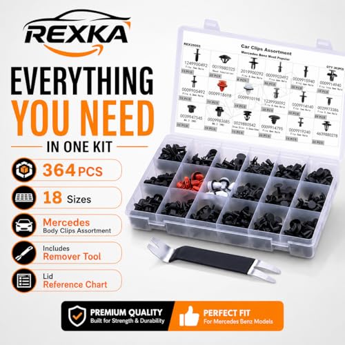 Rexka 364pcs for Mercedes Auto Body Clips & Retainers Assortment -18 Sizes & 1 Remover- Bumper, Fender, Door Panel, Molding, Interior Trim - Replaces 1249900492, 2019900292, 0009910198, 4639880278 - color: 364pcs