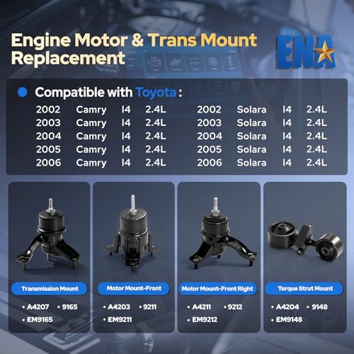ENA Engine Motor and Trans Mount Set of 4 Compatible with Toyota 2002 2003 2004 2005 2006 Camry 2.4L Auto Trans Replacement for A4203 A4211 A4204 A4207 9211 9212 9148 9165