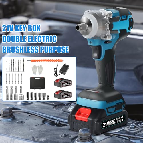 Jadeshay Cordless Impact Wrench, 1/2 inch Electric Impact Wrench with 2 * 3.0 Ah Battery & 4 Sockets, Sleeves, Drill Bits, Twist Drills, High Torque Impact Gun for Car Repairs/DIY Furniture