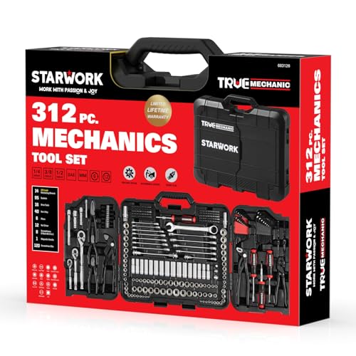 STARWORK TRUE MECHANIC 312-Piece Mechanics Tool Set and Socket Set, Professional 【Pliers Wrench】 SAE/Metric, Mirror-Finish Sockets & Ratchet Wrenches - size: 312 PW_Mirror