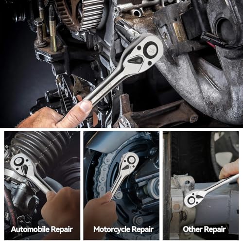 DISEN 3-Piece Standard Ratchet Set – 1/4", 3/8", 1/2" Drive with EVA Storage Tray | 100-Tooth Ratchet, Non-Slip Grip, Quick Release Button | Reversible Design with 3.6° Swing for Tight Spaces - color: 100t Standard Ratchet Set