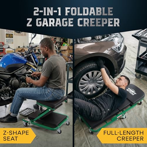 Creepers Automotive Mechanic Creeper Seat & Under Car Roller, 300lb Heavy Duty Foldable Garage Creeper with 360° Swivel Wheels, Magnetic Wristband, Low Profile Green Car Creeper for Mechanics - color: Green