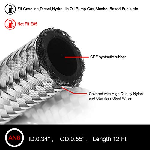 12FT 6AN 3/8 Fuel Line Hose Braided Stainless Steel w/6pcs AN6 Hose Fitting Kit - size: 12FT + 6pcs Fitting Kit