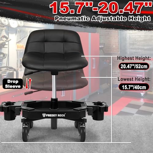 Rolling Stool with Wheels, Adjustable Height Pneumatic Garage Work Mechanic Stool Seat with Backrest, 400 LBS Capacity 360° Swivel Mechanic Crepper Chair with Tool Tray Storage, Black - color: Carbon Fiber Black