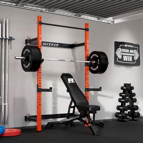 RitFit 2.36'' x 2.36'' Folding Squat Rack for Home Gym, Wall Mounted Squat Rack with Attachments - Space Saving Squat Power Rack - color: Orange, style: Folding Squat Rack