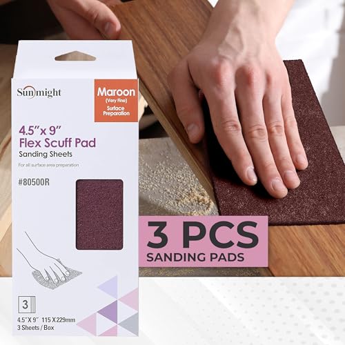 Sunmight Scuff Pads for Paint Prep Retail Pack 4.5" x 9" - Maroon 80500R - Aluminum Oxide - Surface Prep & Sanding Cloth - Abrasive Hand Pads for Auto, Marine, Aerospace - 3 Medium Grit Sanding Sheets - style: Maroon