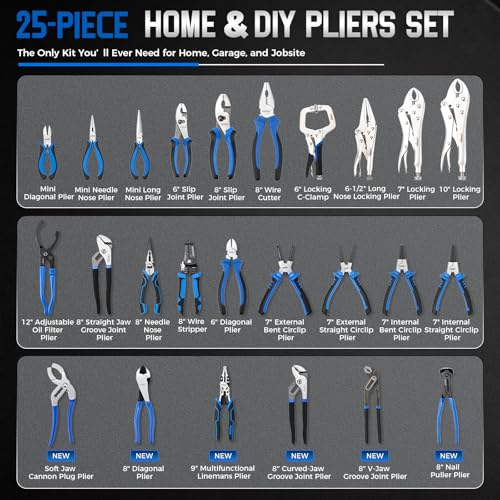 DISEN Pliers Set, 25-Piece Full Assortment of Plier with EVA Storage, Versatile Pliers Tool Set Includes Groove Joint, Needle Nose, Slip Joint, Diagonal, Locking, Wire Stripper, Circlip, and C-Clamp - color: Bue-black 25pcs