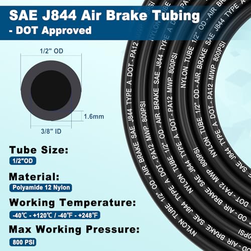 1/2" DOT Air Line, 50FT SAE J844 PA12 Nylon Air Tubing with Cutter - size: 1/2" OD 50FT