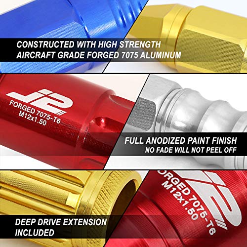 J2 Engineering 20 Pcs 7075 Aluminum Closed End M12 x 1.5 Lug Nuts Set w/Socket Adapter, Silver, Fit Conical Seat, LN-T7-005-15-SL