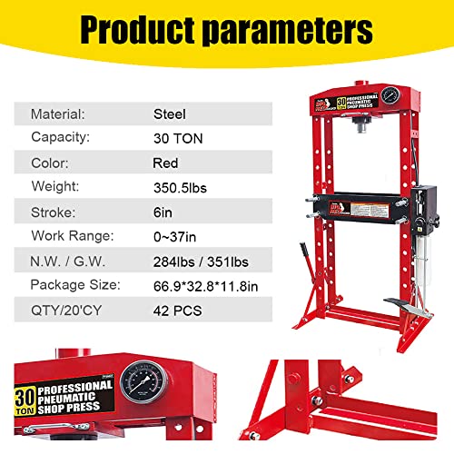 30 Ton H-Frame Hydraulic Shop Press with Floor Press Plates for Garage Shop