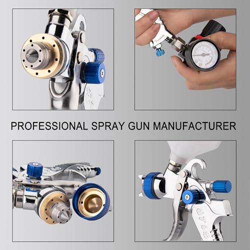 Professional HVLP Spray Gun, 1.3/1.5/1.8mm Nozzle HVLP High Atomization Flow Adjustable Pneumatic Gravity Spray Gun with 600cc Cup & Gauge for Paint Touch-Up(Blue) - color: X-2008-1.3set-blue
