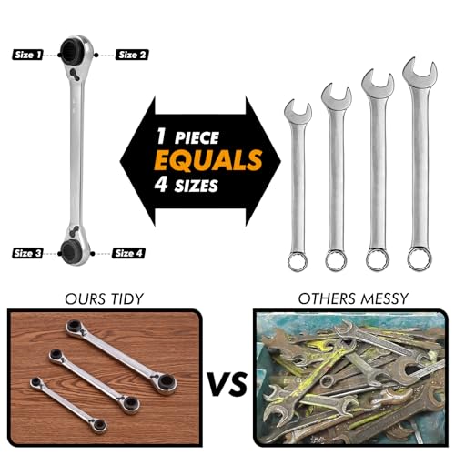 4 IN 1 Ratcheting Wrench Set, Reversible Ratchet Wrench Set Double Tool Box Set Metric 8-19mm 3 Pieces