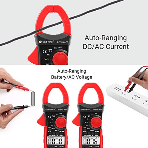 HOLDPEAK Digital Clamp Multimeter Connect with APP via Bluetooth HP-570S-APP Voltage Multimeter with Amp Ohm Tester, 6000 Count with NCV, Auto Range, AC/DC Voltage AC/DC Current,Resistance