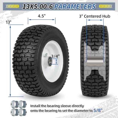 GICOOL 13x5.00-6 Flat Free Lawn Mower Tire and Wheel, 13x5-6 Riding Lawnmower Tire with 3" Centered Hub and 3/4" & 5/8" Bearings, Tractor Turf Tire Turf-Friendly, 2 Pack - color: Turf-Pattern Tread, size: 13x5.00-6 Flat-Free Tire
