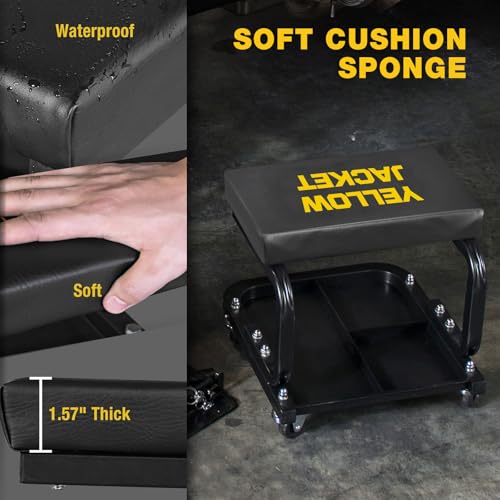 YELLOW JACKET Mechanic Rolling Stool 250 Lbs Capacity, Garage Stool on Wheels with Tool Tray Storage, Work Stools with Wheels for Garage, Shop, Mechanic Chair with Wheels, Auto Repair - size: Medium