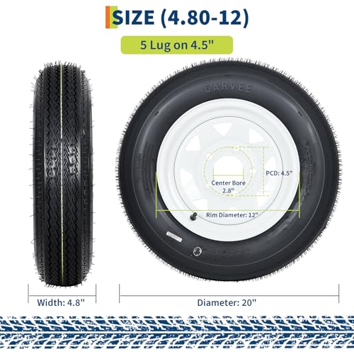 GarveeTech 4.80-12 Trailer Tire and Wheel Assembly, 5 Lug, Set of 2 - size: 4.80-12, style: 5 Lug