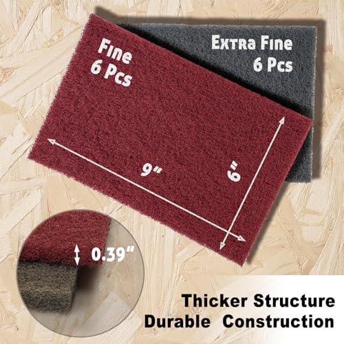 12-Pack 6x9 Scuff Pads - 6 Gray P800 + 6 Maroon P320, Non-Woven Aluminum Oxide for Auto Body, Woodworking, Metal Finishing - color: Maroon & Gray