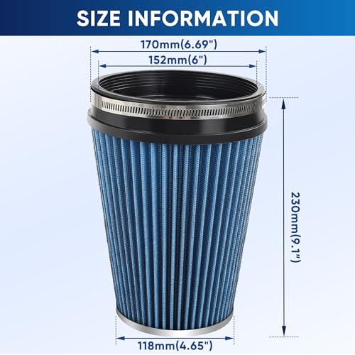 6" 152mm Cold Air Intake Filter Clamp-On Cone Filter Blue - color: Blue, size: 9 inches Tall