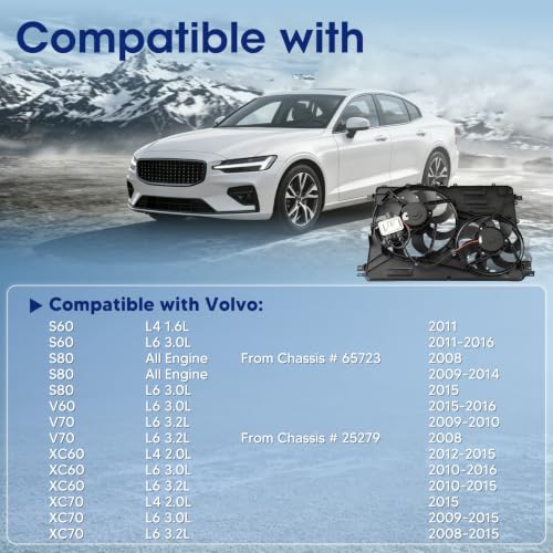 Engine Cooling Radiator Fan Assembly Fit for Volvo Models - XC60 2010-2016, S60 2011-2016, XC70 2008-2015, S80 2008-2015, V60 2015-2016, V70 2008-2010, Reference Number 838-0009, FA71811 - size: 838-0009, FA71811