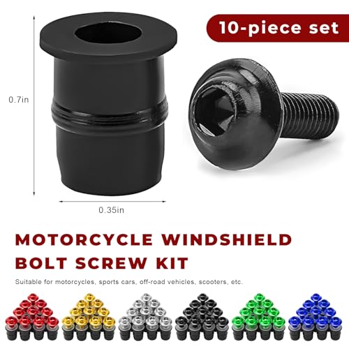 10 PCS Motorcycle Windshield Bolts Screws Kit, Aluminum Alloy Motorbike Fairing Screws Bolts Nuts with Wrench, Universal Mounting Fasteners for Motorcycle Windscreen Body Panels (Black) - color: Black