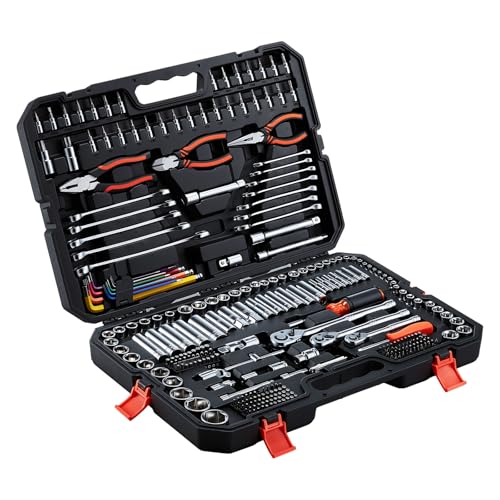VEVOR Mechanics Tool Set, 314-Piece Mechanic Tool Kit, 1/4 in, 3/8 in, and 1/2 in Drive, Metric Socket Set, Wrenches, Screwdriver Bits, Accessories, and Storage Case, for Automotive and Home Repair - size: 314-PCS