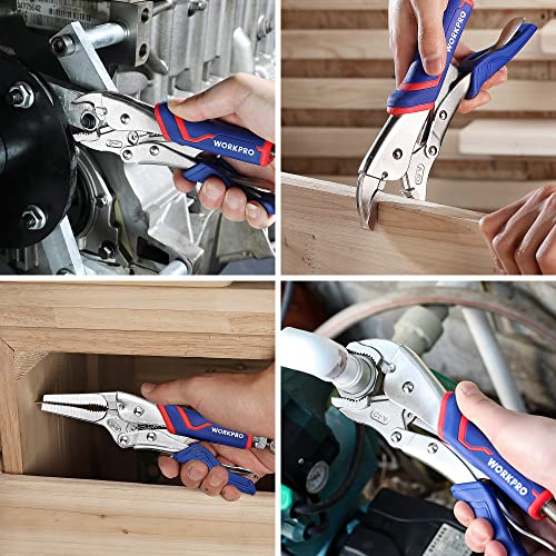 WORKPRO 4-Piece Locking Pliers Set with Comfortable Grip, 5-1/2", 7" and 9" Curved Jaw Locking Pliers, 6-1/2" Long Nose Locking with Storage Bag, Blue&red