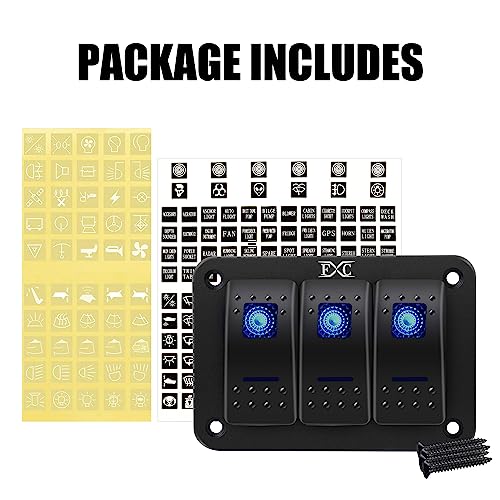 FXC Pre-Wired 3 Gang Rocker Switch Aluminum Panel with 40A Inline Fuse, Waterproof 6-Pin On-Off Car Boat Switch, Blue LED Switch Panel for Marine Boat Automotive RV Truck ATV Vehicles 12V/24V - style: 3 Gang