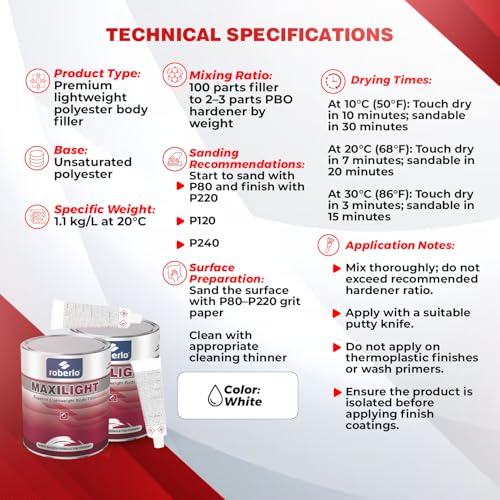 Roberlo Maxilight Superior Lightweight Body Filler - Repair for All Lengths Dents & Scratches, Perfect on Aluminum, Steel, Zinc, Galvanized & Fiberglass - Finish Putty, Smooth Finish - 3L + Hardener - size: 3 Liter (Pack of 2)