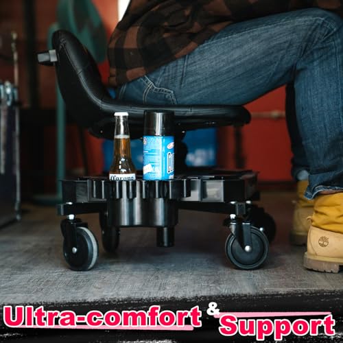 Rolling Stool with Wheels, Adjustable Height Pneumatic Garage Work Mechanic Stool Seat with Backrest, 400 LBS Capacity 360° Swivel Mechanic Crepper Chair with Tool Tray Storage, Pink - color: Pink