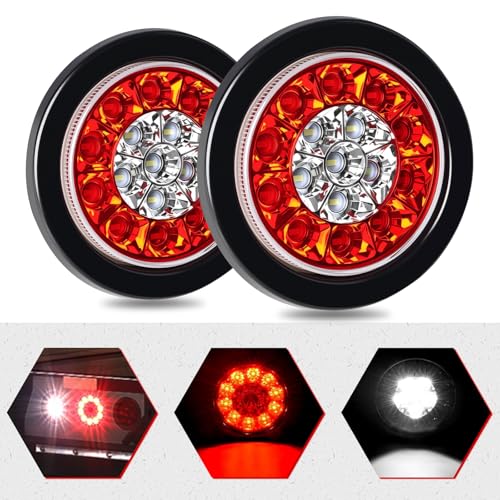 nifeida 2PCS 4 Inch Round Red White LED Trailer Tail Lights 16LEDs with Rubber Grommet Sealed IP67 Waterproof Stop Tail Brake Running Reverse Light for Trucks Trailers RV - DC 12V
