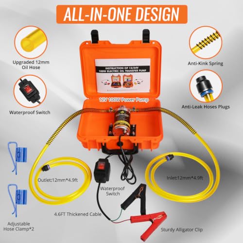 12/24V 100W Electric Oil Change Extractor Pump, Fluid Transfer Pump for Boats, Trucks, Cars, RVs, Lawnmowers - color: Orange-B