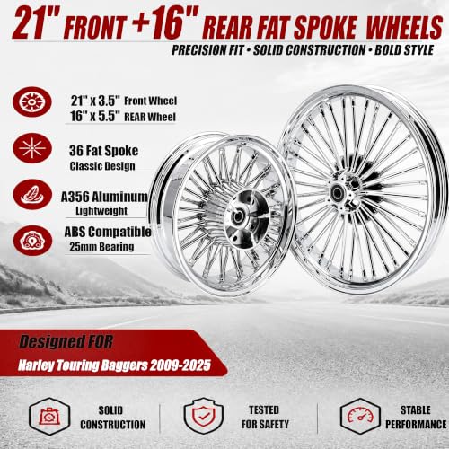TOFR 21inch 16inch Fat King Spoke Wheels Rims For Harley Touring 2009-2025 - color: Chrome, size: Front:21x3.5 Rear:16x5.5