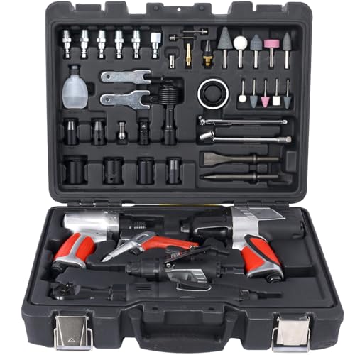 44 Piece Air Impact Wrench Set Pneumatic Tool Kit with Air Ratchet Die Grinder Air Hammer Tire Gauge and Accessories in Blow Mold Case Red
