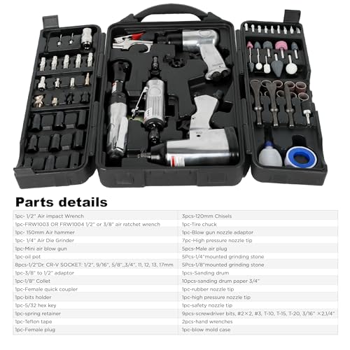 71-Piece Air Tool Kit, 1/2" Impact Wrench, 150mm Hammer, 1/4" Die Grinder, Ratchet Wrench, Air Compressor Tools with Full Accessories for Mechanics