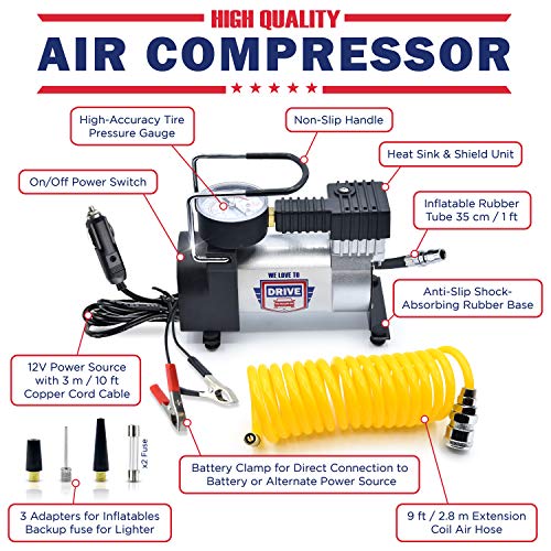 Tire Inflator Portable Air Compressor – 12V DC Air Pump for Car Tires, 150 PSI Electric Air Pump with Tyre Pressure Gauge – Corded Yellow by WE LOVE TO DRIVE - color: Yellow