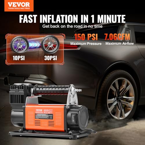 VEVOR 12V Heavy Duty Air Compressor - with Digital Pressure Gauge Tire Inflator Kit, 7.06 CFM Portable Tire Inflator, 150PSI Offroad Air Pump with Adapters for Trucks Car SUV 4 x 4 Vehicle RV - style: 7.06CFM with Digital