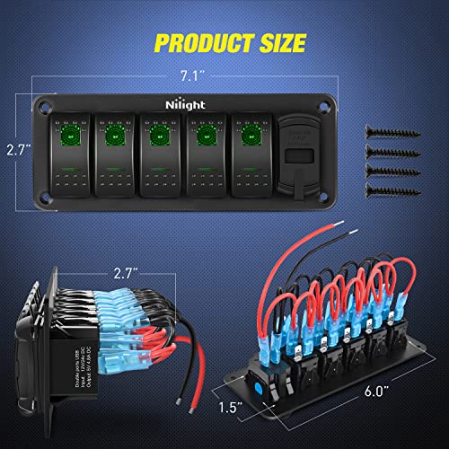 Nilight 5 Gang Rocker Switch Panel with Dual USB Socket Voltmeter - color: Green, size: 6 Gang Dual USB