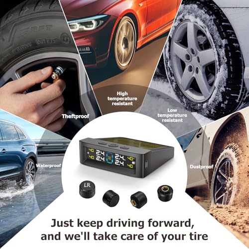 Wireless TPMS Tire Pressure Monitoring System, Real-Time Tire Pressure & Temperature Monitor with 4 External Sensors, 6 Alarm Modes, USB-C & Solar Powered for SUV, RV, Truck, Jeep, 0-98 PSI - size: 4 Sensors