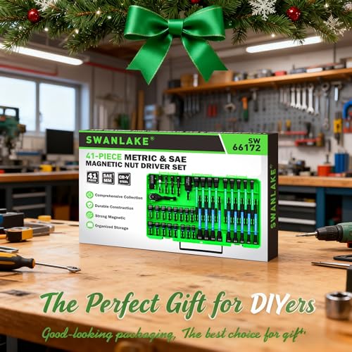 41-Piece Magnetic Nut Driver Set for Impact Drill Metric & SAE, Impact Socket Adapter, 2-IN-1 Ratchet Handle, Wing Nut Driver, Universal Socket, 1/4'' Quick-change Bit Holder - color: New Version Green