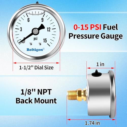 Boltigen Fuel Pressure Gauge, 1/8'' NPT Inline Fuel Pressure Guage Kit with 3/8'' Barb, Stainless Steel, 0-15Psi Glycerin Filled, Center Back Mount (White) - color: White