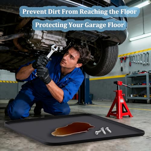 Oil Drip Pan for Under Car, Oil Spill Mat for Garage Floor Waterproof Driveway Outdoor Oil Drip Tray Silicone Oil Drip Pan No Splatter Non-Slip Oil Catch Pan Easy to Clean Reusable - color: Black