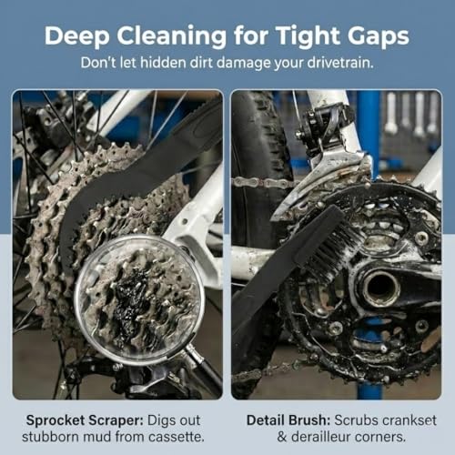 5-Piece Bike Chain Cleaner Kit - Motorcycle Chain Brush & Bicycle Drivetrain Cleaning Brush Set, Sprocket Scraper, Detail Brushes for MTB Road Bike Motorcycle - Easy Use No Chain Removal Required