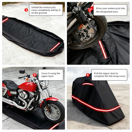 Full Enclosed Motorcycle Cover - Waterproof for Outdoor & Indoor Storage,600D Heavy Duty with Reflective Strips,Fits Scooters & Touring Motorcycles up to Length 108" x 45" x 59" Black - size: 108"Lx 45"Wx 59"H