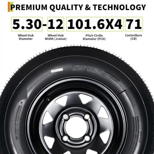 2-Pack 5.30-12 Trailer Tires with Rim, 6-Ply, 1050 LBS Load, 4 Lug on 4 in Bolt Pattern, 12x4 in Steel Wheel, Heavy-Duty All-Weather Tires for Utility, Boat Trailers - size: 5.30-12