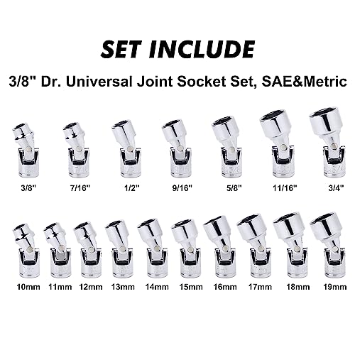 CASOMAN 17PCS 3/8" Drive Universal Flex Socket Set, SAE&Metric, 3/8" to 3/4", 10mm to 19mm, 6-Point, CR-V, Swivel Head, 360 Degree Access - size: 3/8"Dr. Metric & SAE