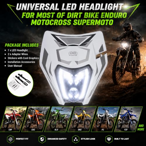 DOT Dirt Bike LED Headlight with Graphics Sticker and Turn Signals-White - color: White with Sticker, size: With Turn Signals