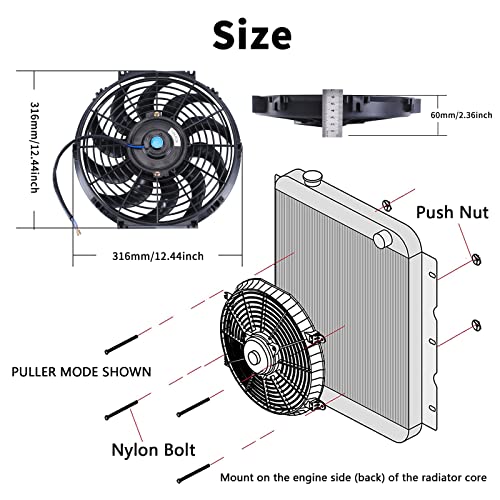 12 Inch Universal Slim Fan Push Pull Electric Radiator 12V 80W High Performance Cooling Fan Mount Kit Black 2 Pcs - color: Black, size: 12 Inch-2 Pieces