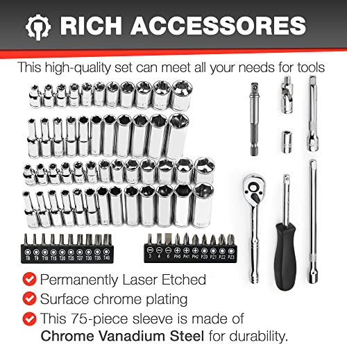 EACELIY 75pcs 1/4" Drive Impact Socket Set, Master Socket Set,Wrench Set with 1/4" Bit Adapter, Universal Joint, Ratchet, 1/4 "Drive Bit Set Extension (5/32" - 9/16 ", 4-14mm) - size: 75PCS 1/4inch